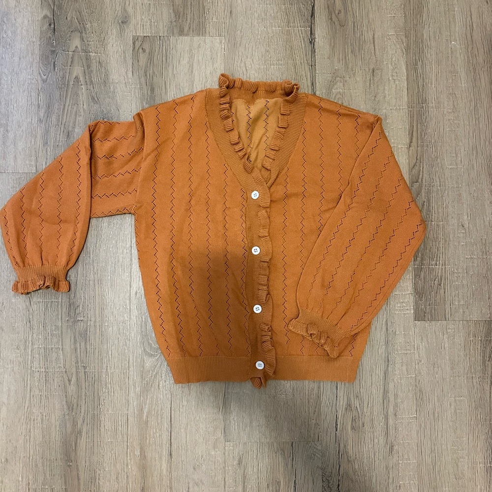 Girls Ruffled Orange Cardigan Sweater